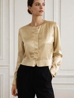 Vintage 90’ Gold Satin Button Blouse Chic Old Money Capsule Top M Quiet Luxury